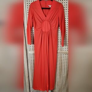 70s Burnt Orange Maxi Dress Polyester Vintage Size 12 Handmade Retro Hippie Boho